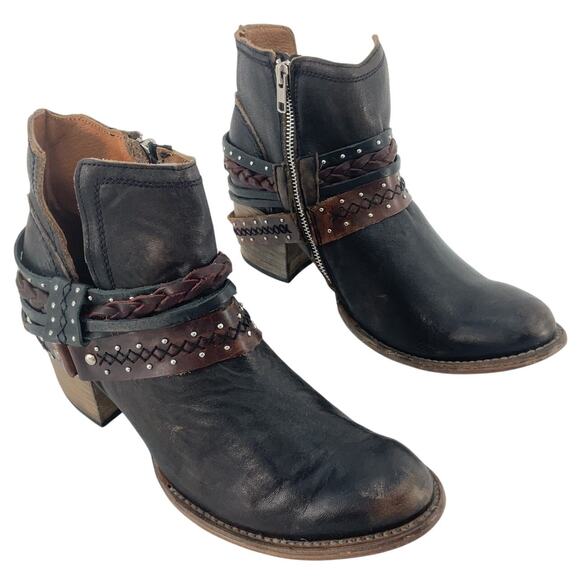 freebird Shoes - Freebird Black/Brown Leather Studded Strappy Moto Bootie Womens Size 10 Preowned